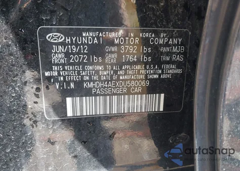 2013 Hyundai Elantra Gls z USA, uszkodzony, nr VIN KMHDH4AEXDU580069